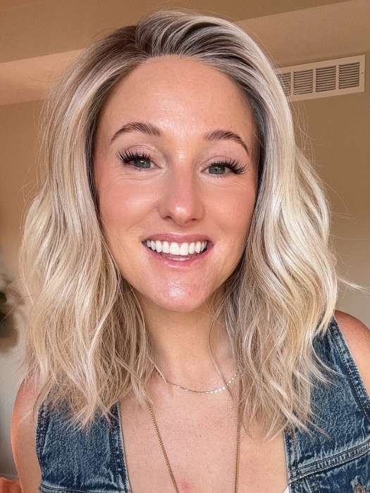 Carlyn @carlynwilson84 wearing WAVY DAY by RAQUEL WELCH in color RL19/23SS SHADED BISCUIT | Light Ash Blonde Evenly Blended with Cool Platinum Blonde with Dark Roots