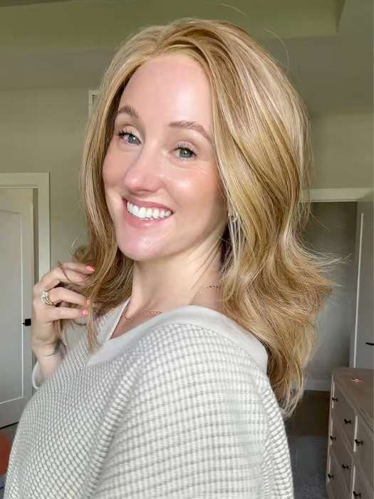 Carlyn @carlynwilson84 wearing LEONI by RENE OF PARIS in color CINDER-TOFFEE | Blonde blended with Toffee, Burnt Toffee, Fudge Blonde, Milk Chocolate, and Deep Golden Blonde Tones