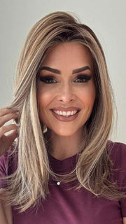 Crystal @crystallhoneycutt wearing FONTAINE by BELLE TRESS in color SUNKISSED ALMOND R | A blend of Medium and Light Brown with Light Gold Blonde Highlights and a hint of Cooler Blonde, rooted with Medium and Light Brown