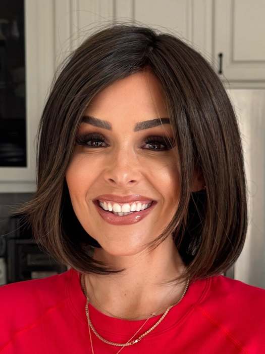 Crystal @crystallhoneycutt wearing PORTRAIT MODE by RAQUEL WELCH WIGS in color RL4/10SS ICED JAVA | Off Black Shaded with Dark Brown