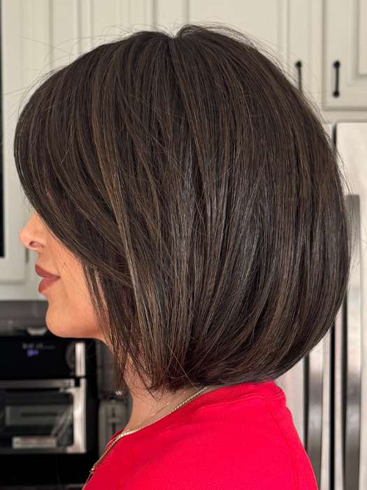 Crystal @crystallhoneycutt wearing PORTRAIT MODE by RAQUEL WELCH WIGS in color RL4/10SS ICED JAVA | Off Black Shaded with Dark Brown