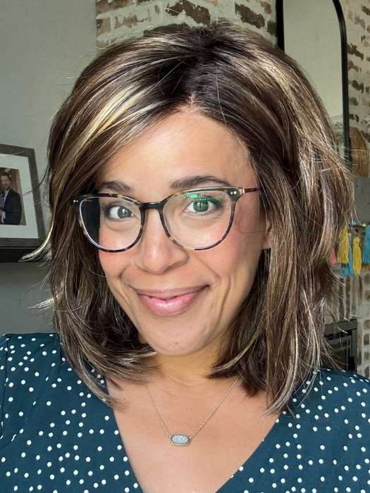 Brea @getwiggywithbrea wearing MELLOW by ESTETICA in shade CKISSRT4 | Golden Brown with Copper Blonde Highlights and Dark Brown Roots