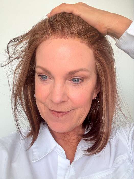 Susan @an_affair_with_hair wearing CAMERON LITE PETITE by JON RENAU in color 32F CHERRY CREME | Medium Red & Medium Red-Gold Blonde Blend with Medium Red Nape