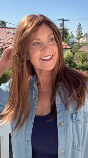 Susan @an_affair_with_hair wearing CAMILLA by JON RENAU in color 30A27S4 SHADED PEACH | Medium Natural Red & Medium Red-Gold Blonde Blend, Shaded with Dark Brown