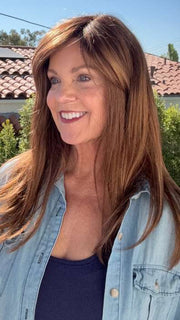 Susan @an_affair_with_hair wearing CAMILLA by JON RENAU in color 30A27S4 SHADED PEACH | Medium Natural Red & Medium Red-Gold Blonde Blend, Shaded with Dark Brown