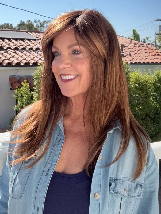 Susan @an_affair_with_hair wearing CAMILLA by JON RENAU in color 30A27S4 SHADED PEACH | Medium Natural Red & Medium Red-Gold Blonde Blend, Shaded with Dark Brown