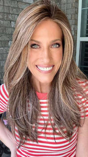 Kristyna Moore @kristynamoore wearing LEADING EDGE by TRESSALLURE in color 17/23/R8 | Beige Blonde and Auburn Blended with Medium Brown Roots
