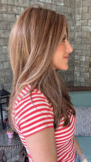 Kristyna Moore @kristynamoore wearing LEADING EDGE by TRESSALLURE in color 17/23/R8 | Beige Blonde and Auburn Blended with Medium Brown Roots