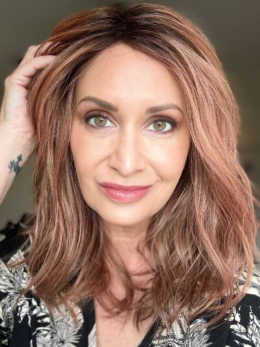 Emily H. @she_sheds_more wearing TABU by ELLEN WILLE in color ROSEWOOD ROOTED | Medium Dark Brown Roots that Melt into a Mixture of Saddle Brown and Terra-Cotta Tones with Dark Roots