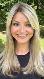 Sandy @i_be_wiggin wearing CAMILLA by JON RENAU in color 22F16S8 VENICE BLONDE | Light Ash Blonde and Light Natural Blonde Blend Shaded with Medium Brown