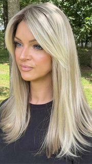 Sandy @i_be_wiggin wearing CAMILLA by JON RENAU in color 22F16S8 VENICE BLONDE | Light Ash Blonde and Light Natural Blonde Blend Shaded with Medium Brown