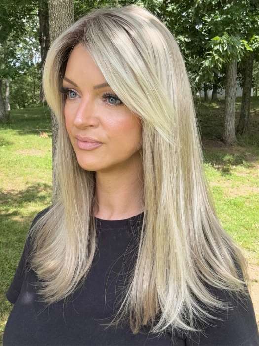 Sandy @i_be_wiggin wearing CAMILLA by JON RENAU in color 22F16S8 VENICE BLONDE | Light Ash Blonde and Light Natural Blonde Blend Shaded with Medium Brown
