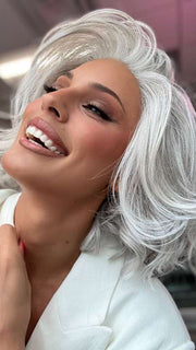 Model is wearing FLIRT ALERT by RAQUEL WELCH in color RL56/60 SILVER MIST | Lightest Gray Evenly Blended with Pure White