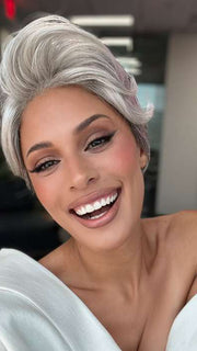 Model is wearing BETHANY by RENE OF PARIS in color SILVER-STONE | Dark Brown Base with Multi Grey Shades Blended