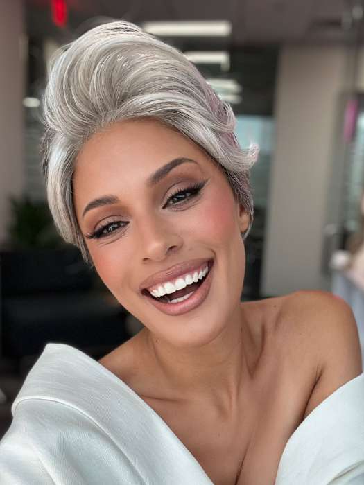 Model is wearing BETHANY by RENE OF PARIS in color SILVER-STONE | Dark Brown Base with Multi Grey Shades Blended