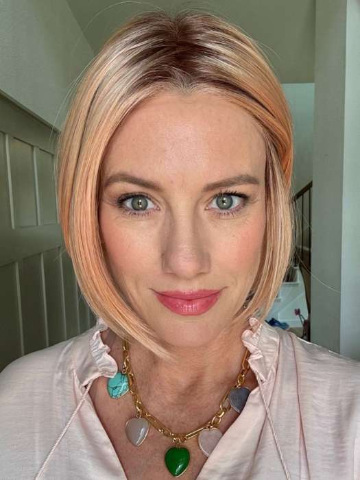 Jenny B. @thewiggygirl wearing DUA by ELLEN WILLE in color PEACH BLONDE SHADED | A soft, honey blonde that’s sun -kissed with a peach hue and radiant.