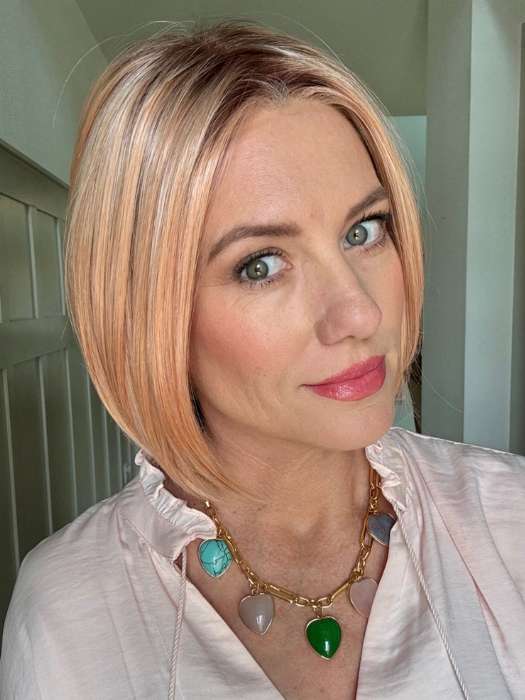 Jenny B. @thewiggygirl wearing DUA by ELLEN WILLE in color PEACH BLONDE SHADED | A soft, honey blonde that’s sun -kissed with a peach hue and radiant.