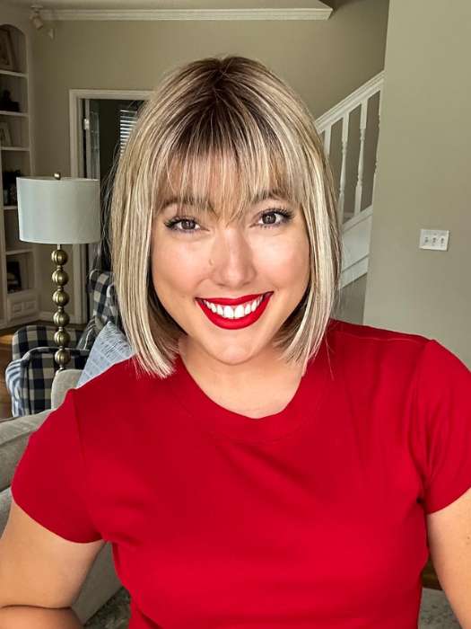 Jen Brown @thewiggygirl is wearing CLOE by ELLEN WILLE in SAND MULTI ROOTED 14.22.20 | Medium Ash Blonde Blended with Light Neutral Blonde and Light Strawberry Blonde Blend and Shaded Roots