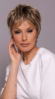 Model is wearing PRIMA SOFT by ELLEN WILLE in color DARK SAND SHADED 12.26.14 | Lightest Brown and Light Golden Blonde with Medium Ash Blonde Blend and Shaded Roots