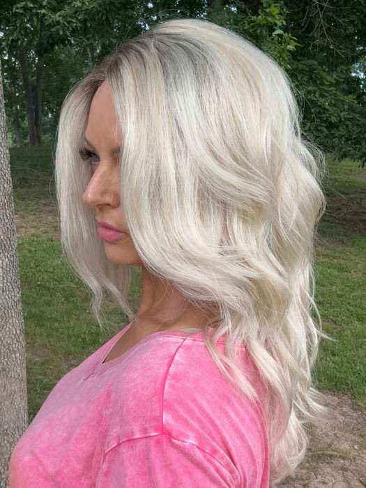 Sandy Holston @i_be_wiggin is wearing BLAZE by ESTETICA in SPF BLONDE | Golden Blonde, Pale Blonde, Iced Blonde Blended with Soft Brown Root