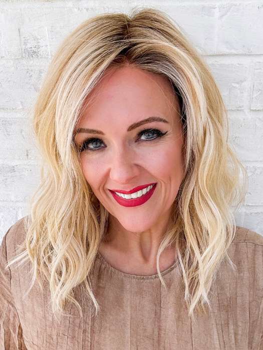 Marcie Mertz @wig.obsessed wearing BEACH WAVE MAGIC by TRESSALLURE in color 24/102/R12 | Gold Blonde with Platinum highlights with Gold Brown roots