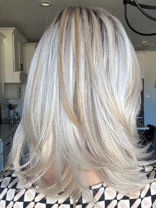 Lisa Mullins @beautifulyouwigreviews wearing MIKA by RENE OF PARIS in color WHITE ROSE BLOND R WHITE ROSE BLOND R | White Blond Base with subtle Warm Brown Highlights