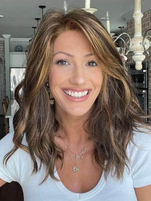 Jenna Fail @jenna_fail wearing HEIDI by JON RENAU in color 6F27 CARAMEL RIBBON | Brown with Light Red-Gold Blonde Highlights & Tips