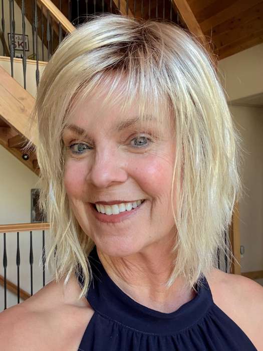Susan Sparks @an_affair_with_hair is wearing JONES by ESTETICA in 17/23/R8 | Beige Blonde and Auburn Blended with Medium Brown Roots SPF BLONDE | Golden Blonde, Pale Blonde, Iced Blonde Blended with Soft Brown Roots