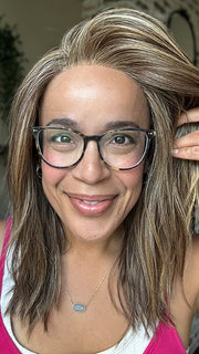 Brea @getwiggywithbrea wearing FENIX by ESTETICA in color CARAMELKISS | Golden Brown with Light Copper Blonde Highlights