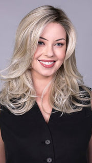 Model is wearing BROOKLYN in CRUSHED ALMOND BLONDE R | A soft Neutral Light Blonde with a Light and Medium Blended Root Color