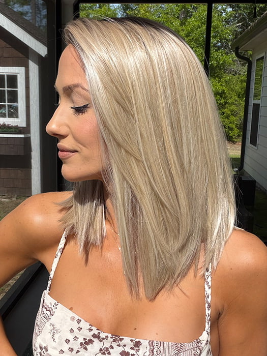Jenna Fail @jenna_fail wearing CALABASAS by BELLE TRESS in color CRUSHED ALMOND BLONDE R | A soft Neutral Light Blonde with a Light and Medium Blended Root Color.