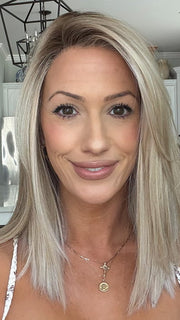 Jenna Fail @jenna_fail wearing CALABASAS by BELLE TRESS in color CRUSHED ALMOND BLONDE R | A soft Neutral Light Blonde with a Light and Medium Blended Root Color.