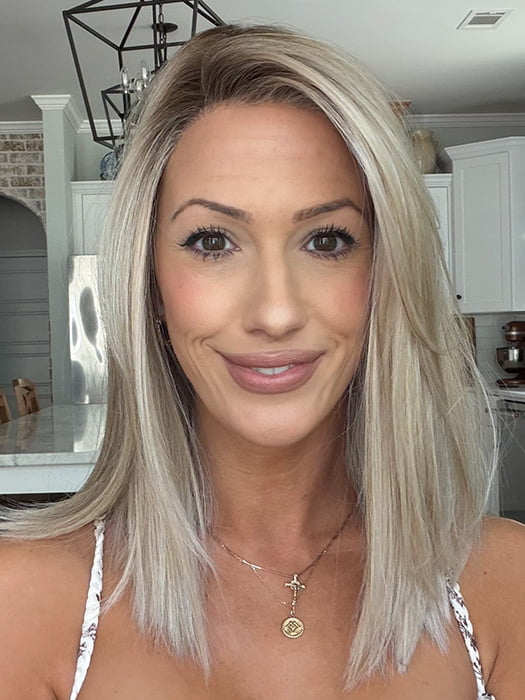 Jenna Fail @jenna_fail wearing CALABASAS by BELLE TRESS in color CRUSHED ALMOND BLONDE R | A soft Neutral Light Blonde with a Light and Medium Blended Root Color.