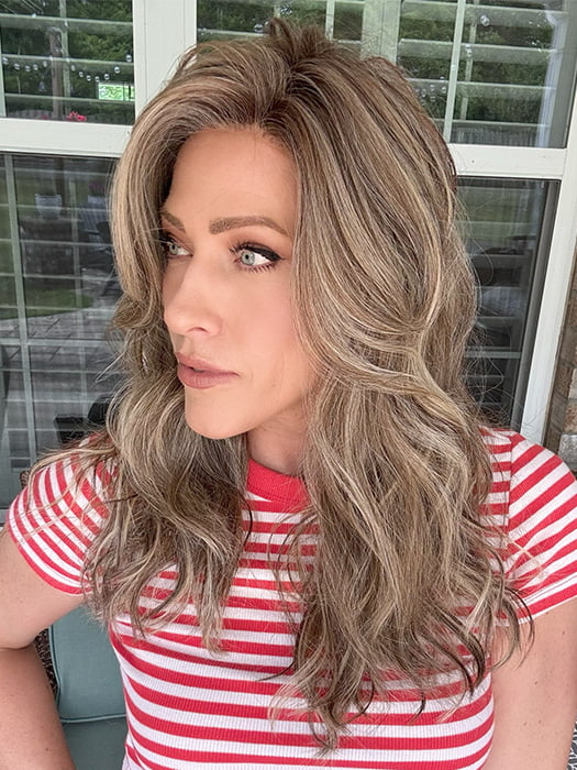 Kristyna Moore @kristynamoore wearing CAMBRIDGE by BELLE TRESS in color MACADAMIA LATTE R | A combination of Medium and Light Brown, highlighted with Light Gold Blonde, and a mixture of Ash Blonde and Light Gold Blonde, Rooted with Medium and Light Brown 