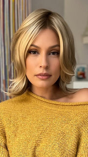 Roxie wearing CAMERON PETITE by JON RENAU in 12FS8 SHADED PRALINE | Light Gold Brown, Light Natural Gold Blonde & Pale Natural Gold-Blonde Blend, Shaded with Medium Brown