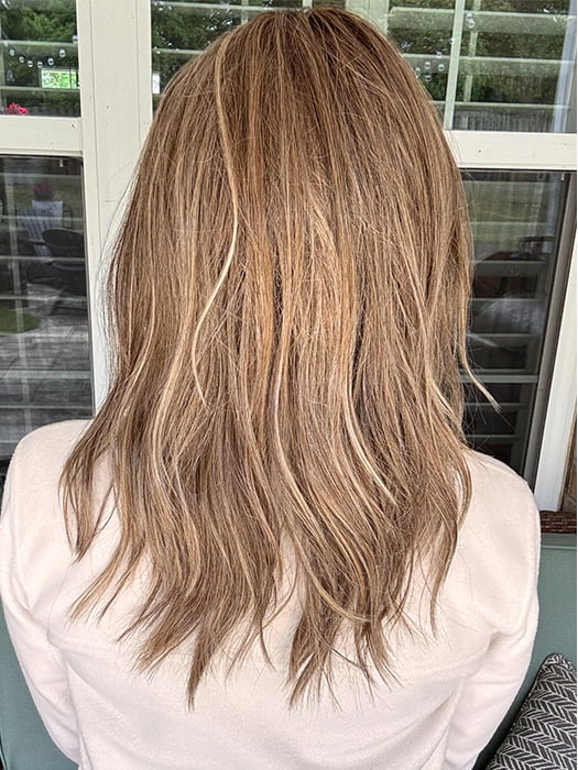 Kristyna Moore @kristynamoore wearing CAPRI by BELLE TRESS in color MACADAMIA LATTE R | A combination of Medium and Light Brown, highlighted with Light Gold Blonde, and a mixture of Ash Blonde and Light Gold Blonde, Rooted with Medium and Light Brown 