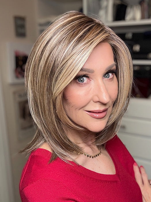 Eileen @crazywiglady is wearing CARDIFF by BELLE TRESS in color MACADAMIA LATTE R | A combination of Medium and Light Brown, highlighted with Light Gold Blonde, and a mixture of Ash Blonde and Light Gold Blonde, Rooted with Medium and Light Brown