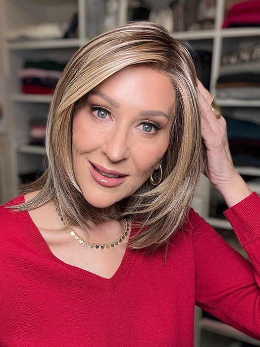Eileen @crazywiglady is wearing CARDIFF by BELLE TRESS in color MACADAMIA LATTE R | A combination of Medium and Light Brown, highlighted with Light Gold Blonde, and a mixture of Ash Blonde and Light Gold Blonde, Rooted with Medium and Light Brown