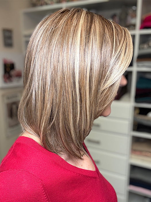 Eileen @crazywiglady is wearing CARDIFF by BELLE TRESS in color MACADAMIA LATTE R | A combination of Medium and Light Brown, highlighted with Light Gold Blonde, and a mixture of Ash Blonde and Light Gold Blonde, Rooted with Medium and Light Brown