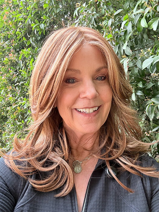 Susan @an_affair_with_hair wearing ZARA LITE by JON RENAU in color FS27 STRAWBERRY SYRUP | Medium Red-Gold Blonde with Gold Blonde Bold Highlights