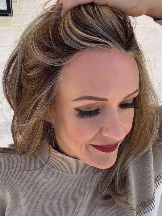 Marcie Mertz @wig.obsessed wearing Celine by Belle Tress in shade SUNKISSED ALMOND R | A blend of Medium and Light Brown with Light Gold Blonde Highlights and a hint of Cooler Blonde, rooted with Medium and Light Brown