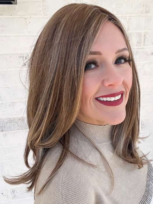 Marcie Mertz @wig.obsessed wearing Celine by Belle Tress in shade SUNKISSED ALMOND R | A blend of Medium and Light Brown with Light Gold Blonde Highlights and a hint of Cooler Blonde, rooted with Medium and Light Brown