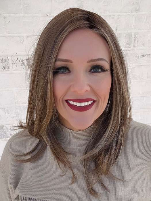 Marcie Mertz @wig.obsessed wearing Celine by Belle Tress in shade SUNKISSED ALMOND R | A blend of Medium and Light Brown with Light Gold Blonde Highlights and a hint of Cooler Blonde, rooted with Medium and Light Brown