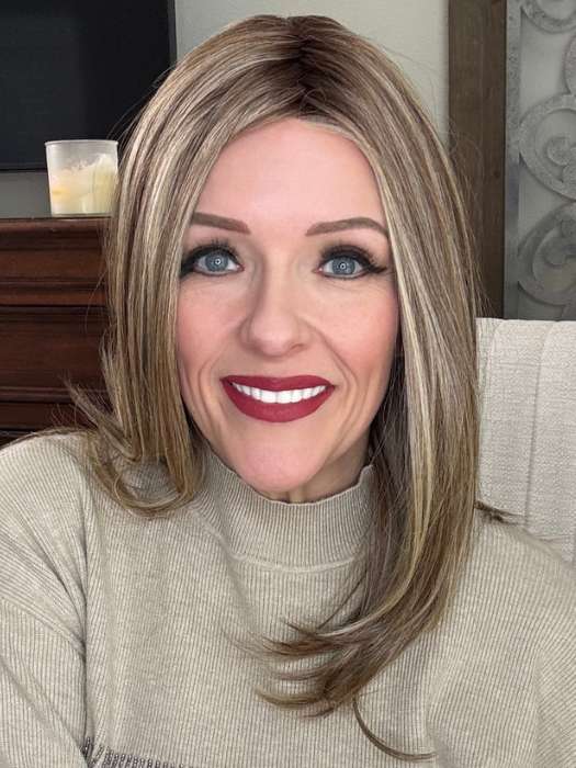Marcie Mertz @wig.obsessed wearing Celine by Belle Tress in shade SUNKISSED ALMOND R | A blend of Medium and Light Brown with Light Gold Blonde Highlights and a hint of Cooler Blonde, rooted with Medium and Light Brown