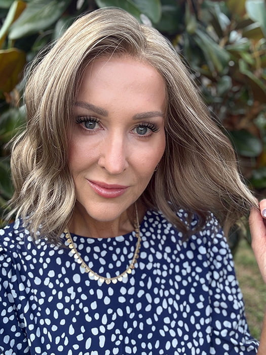 Eileen @crazywiglady is wearing CHARLOTTE HAND TIED by ENVY in color ALMOND BREEZE | Light Brown blended with Ash Blonde