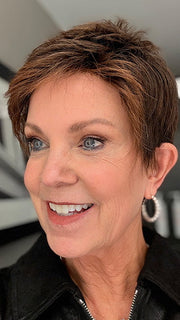 Susan Sparks @an_affair_with_hair wearing CHAT by ELLEN WILLE in color DARK CHOCOLATE ROOTED 4.33.6 | Darkest Brown, Dark Auburn and Dark Brown Blend with Shaded Roots