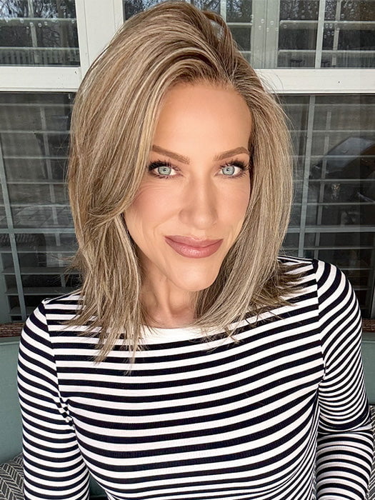 Kristyna Moore @kristynamoore wearing CHELSEA by BELLE TRESS in color MACADAMIA LATTE R | A combination of Medium and Light Brown, highlighted with Light Gold Blonde, and a mixture of Ash Blonde and Light Gold Blonde, Rooted with Medium and Light Brown