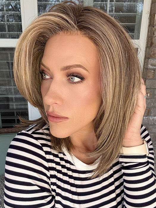 Kristyna Moore @kristynamoore wearing CHELSEA by BELLE TRESS in color MACADAMIA LATTE R | A combination of Medium and Light Brown, highlighted with Light Gold Blonde, and a mixture of Ash Blonde and Light Gold Blonde, Rooted with Medium and Light Brown