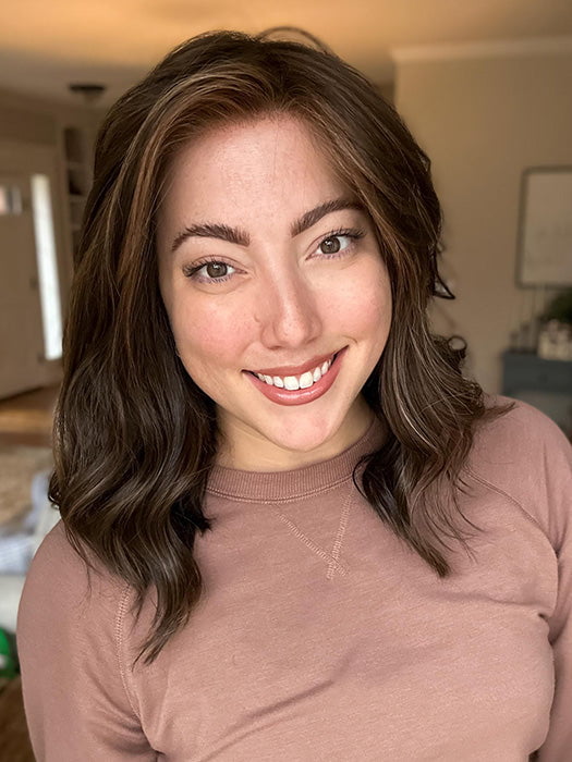Jen Brown @being_mrs_brown wearing COREY by ENVY in color MEDIUM BROWN | Medium Brown with natural highlights