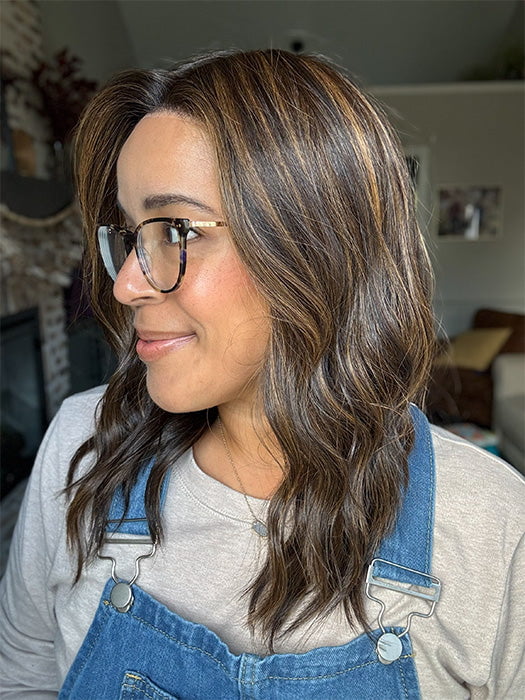 Brea @getwiggywithbrea wearing COREY by ENVY in color AMARETTO CREAM | Dark Brown roots with overall Medium Brown base with Honey Blonde highlights